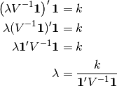 \left(\lambda V^{-1} \mathbf{1}\right) ' \mathbf{1} &= k\\
\lambda (V^{-1} \mathbf{1}) ' \mathbf{1} &= k\\
\lambda  \mathbf{1}' V^{-1}  \mathbf{1} &= k\\
\lambda &= \frac{k}{ \mathbf{1}' V^{-1}  \mathbf{1}}